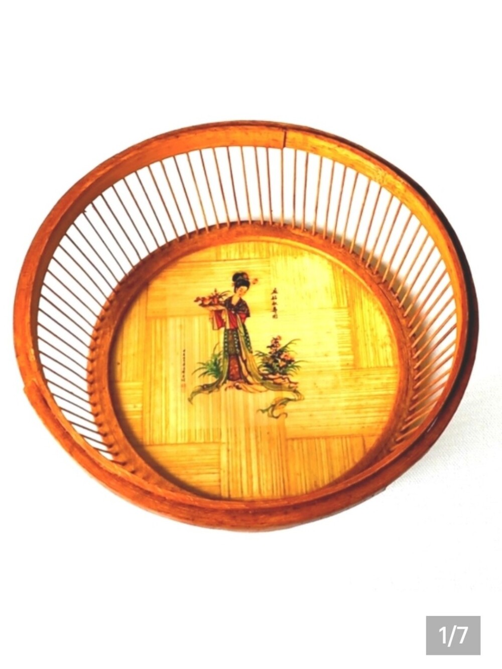 Vintage Asian Open Work Wood Bread Fruit Small Basket